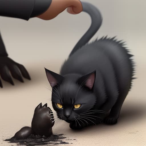  black painted cat crushed a rat with his paw