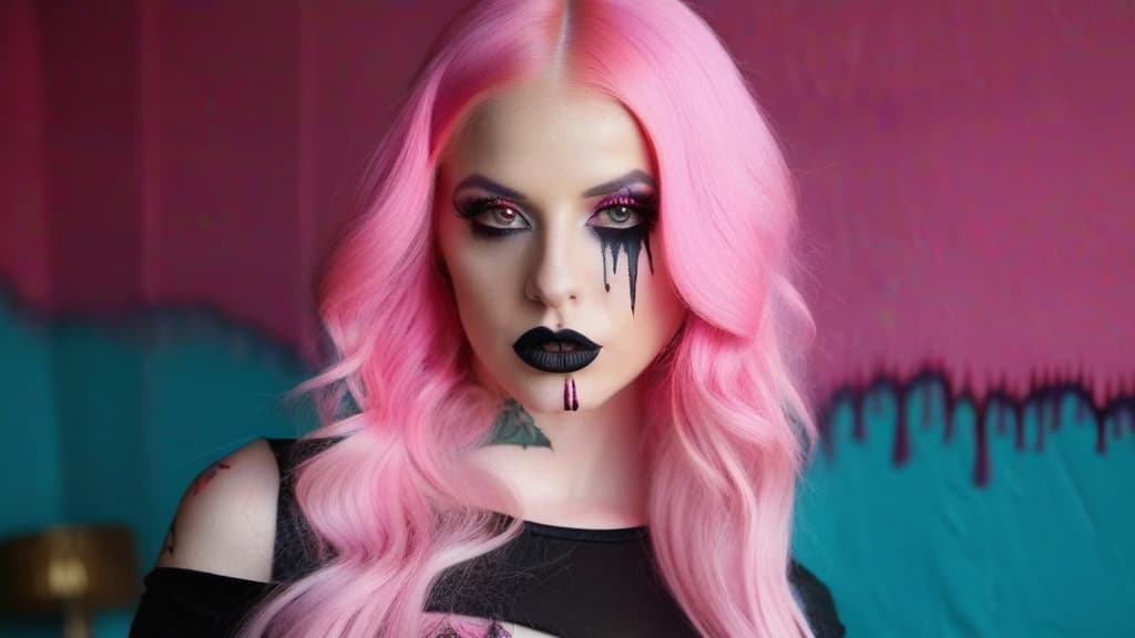  4 age women,full body shot ,full body portrait horrifying scary pale long pink hair ,full white eyes, black lips, black dripping eyeshadow tattoos,in pink cotton with pink trim