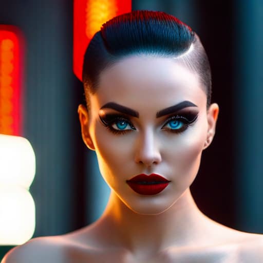  ultra realistic close up portrait ((beautiful pale cyberpunk female with heavy black eyeliner)), blue eyes, shaved side haircut, hyper detail, cinematic lighting, magic neon, dark red city, canon eos r3, nikon, f/1.4, iso 200, 1/160s, 8k, raw, unedited, symmetrical balance, in frame, 8k hyperrealistic, full body, detailed clothing, highly detailed, cinematic lighting, stunningly beautiful, intricate, sharp focus, f/1. 8, 85mm, (centered image composition), (professionally color graded), ((bright soft diffused light)), volumetric fog, trending on instagram, trending on tumblr, HDR 4K, 8K