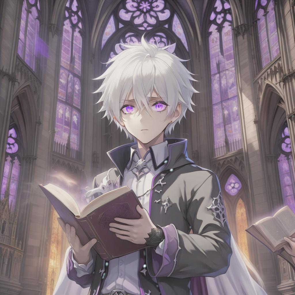  anime artwork young guy at the gothic cathedral, holding a book, with white hair and purple eyes . anime style, key visual, vibrant, studio anime, highly detailed