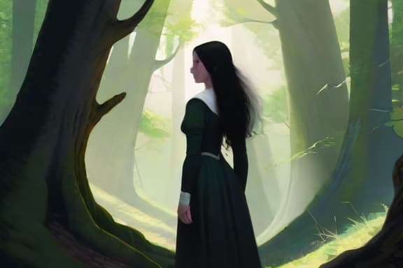  a detailed portrait of a woman standing in the distance within a lush, green medieval forest. she has long, flowing black hair that cascades down her back. the woman is dressed in a shabby black sheath dress paired with a simple white shirt, suggesting a life of hardship and poverty. despite her worn appearance, there is a sense of resilience in her posture as she holds a weathered bow, ready for action. sunlight filters through the trees, casting ethereal rays that illuminate her figure and add a mystical quality to the scene, highlighting the textures of her clothing and the natural beauty around her.