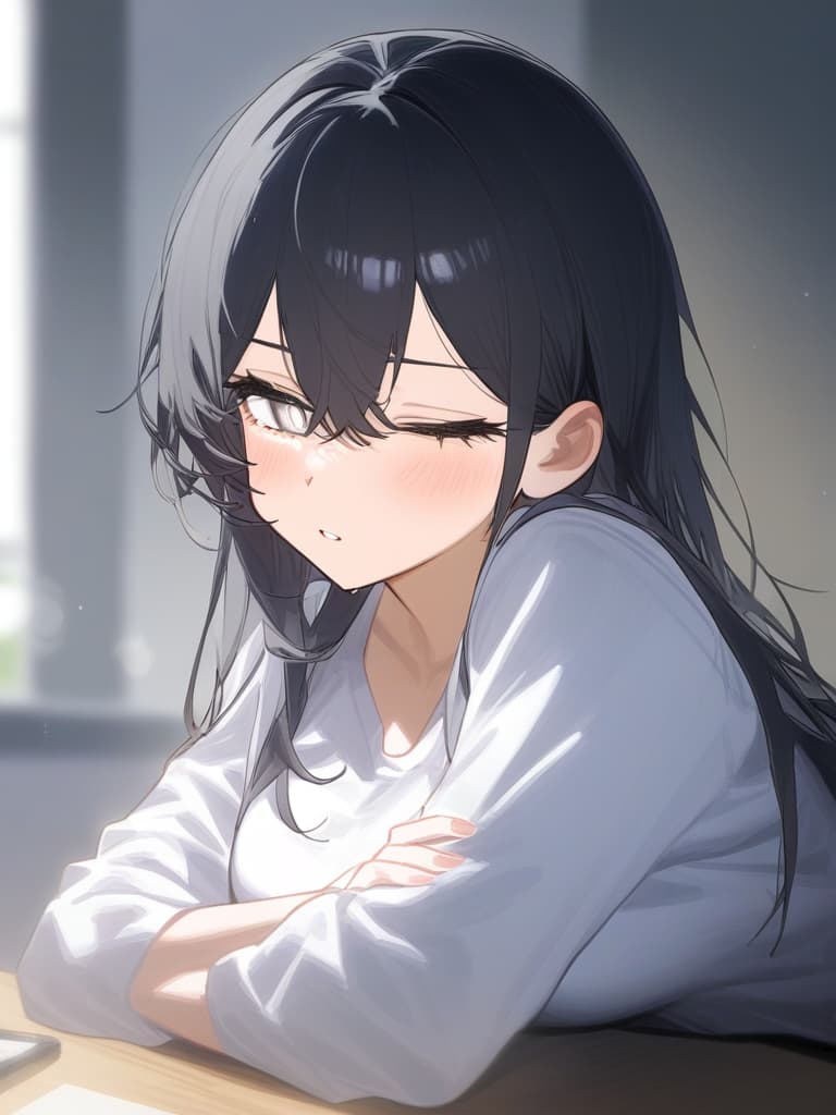  sleepy eyes,long eyelashes,1 girl,white eyes,black hair,white shirt