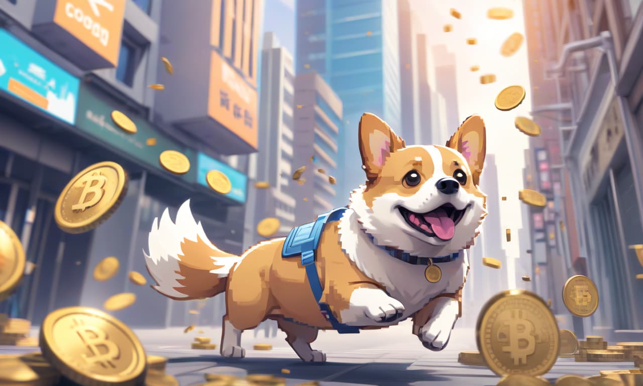  anime artwork corgi runs through a modern city, crypto coins fall from the sky . anime style, key visual, vibrant, studio anime, highly detailed