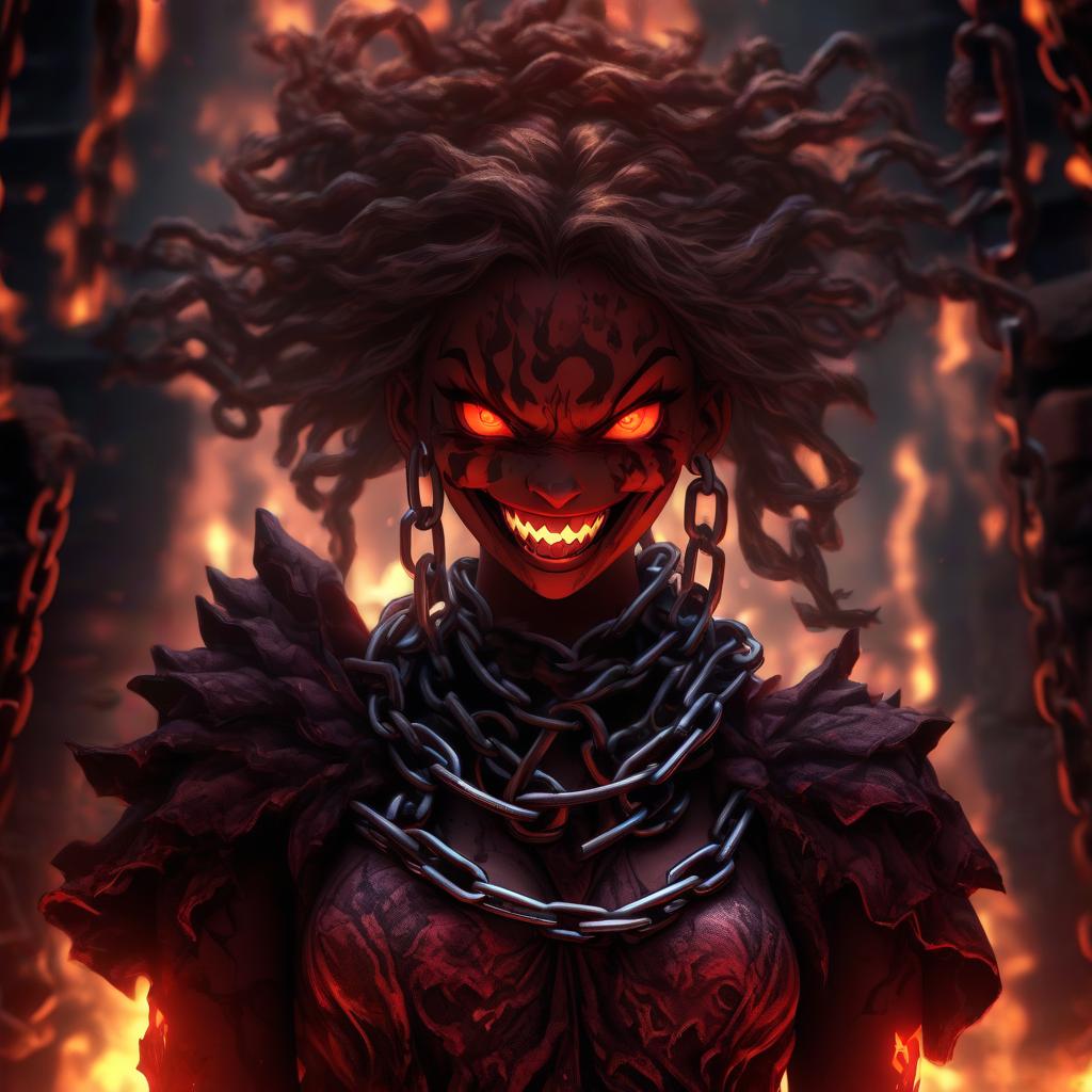  hdr photo of a woman that is standing in front of a fire, ((chains)), evil smile and glowing eyes, artistic render, only red colour, deathwing, shackled in the void, incandescent, discord pfp, lava rock, f 2, aggresive, maiden, chain . high dynamic range, vivid, rich details, clear shadows and highlights, realistic, intense, enhanced contrast, highly detailed