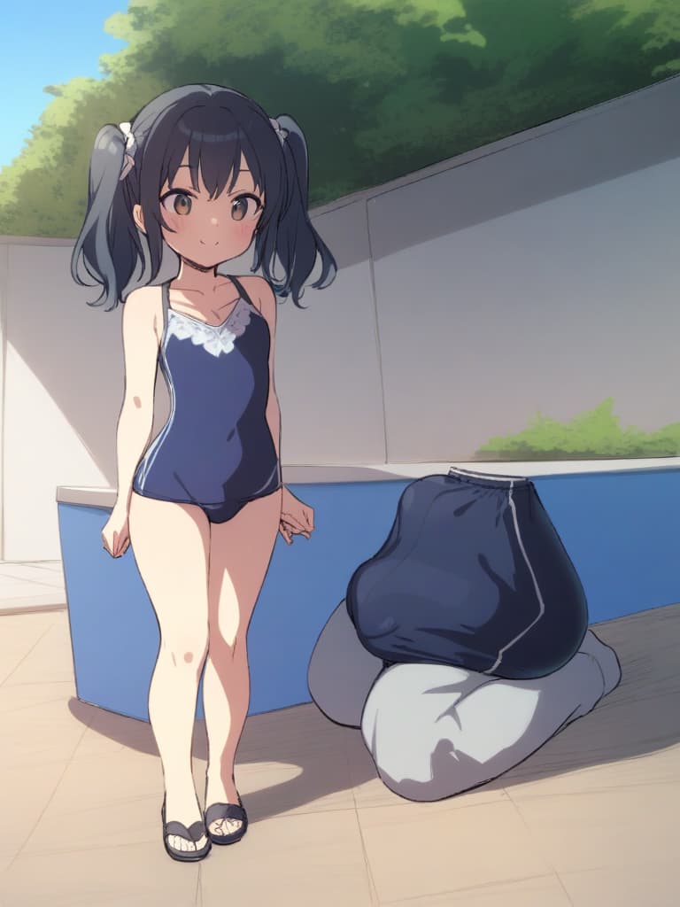  women's elementary students (male), twin tails, cute smiles, rich s, low stature, dark blue swimwear, old swimwear, , simple, , (bulge), male (bulging), front, whole body, pool side,