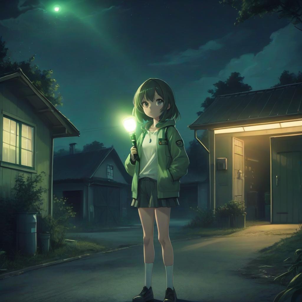  anime girl with a flashlight in her hands near a garage in the village, night, green tones, ufo in the sky