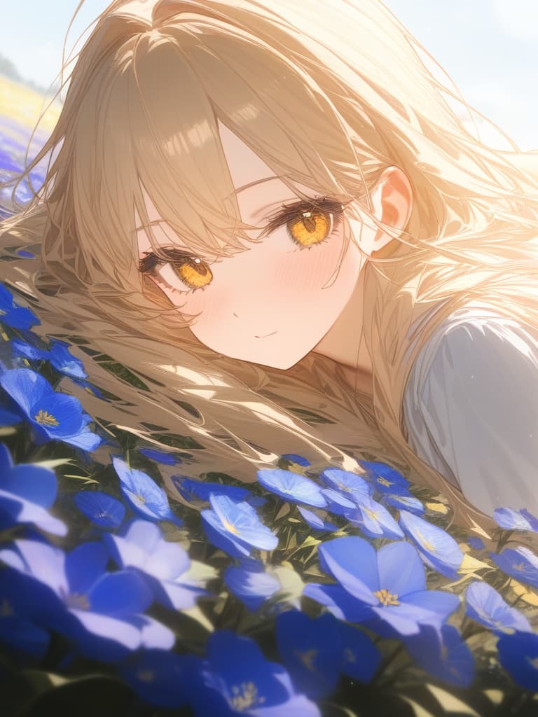  blond, short, golden eyes, long hair around the face, blue flower field, girl, beautiful, masterpiece, best quality,8k,ultra detailed,high resolution,an extremely delicate and beautiful,hyper detail