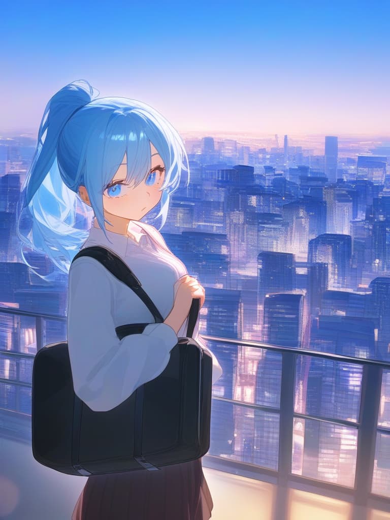  ((travel,carrying a carry on bag: 1.5,city,cityscape,girl on a trip)),((light blue hair,ponytail,blue eyes,))、ultra detailed,best shadow,cute and beautiful face,(masterpiece:1.2),(best quality:1.2),detailed background,high contrast,(best illumination,an extremely delicate and beautiful),((cinematic light)),hyper detail,dramatic light,intricate details,8k,anime,very aesthetic