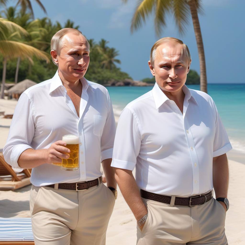  Putin and Trump on vacation by the sea, on sun beds , in shirts and shorts , a mug of beer in hand , sand , crabs , palm trees , very beautiful nature, high detail, quality 50000K