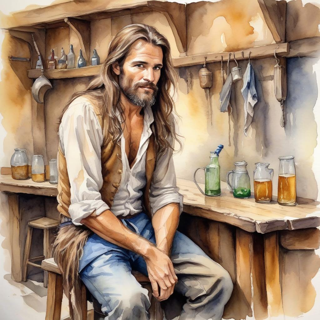  watercolor painting tortured man with long brown hair gathered in a tail, in a tavern in dirty clothes . vibrant, beautiful, painterly, detailed, textural, artistic