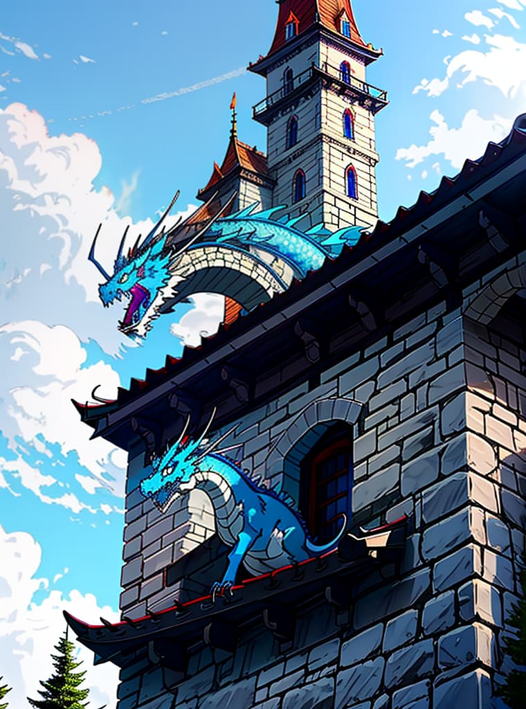  1 blue ghost dragon perched a top a castle tower clever haunted terrifying