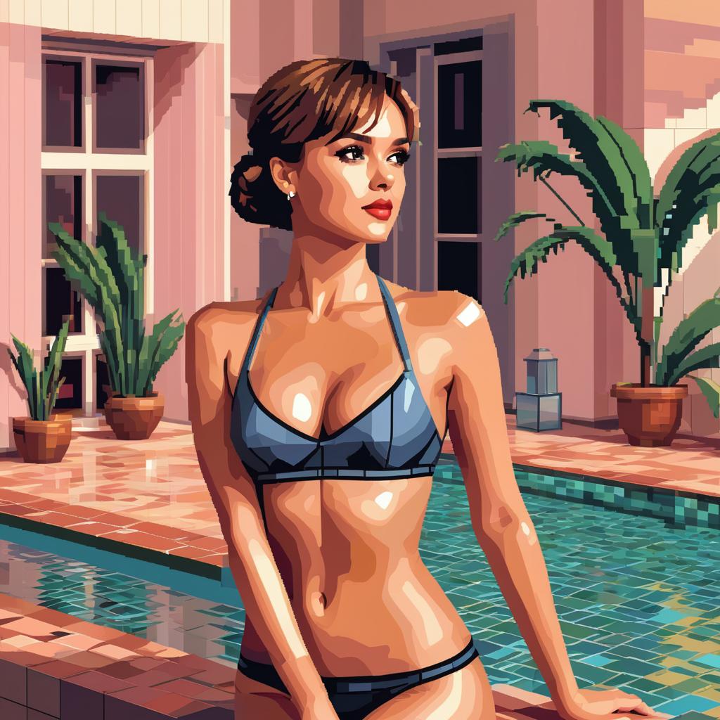  pixel art sweaty jessica alba and audrey hepburn. posing . nudist colony. full body. steamy room. very detailed.. low res, blocky, pixel art style, 8 bit graphics