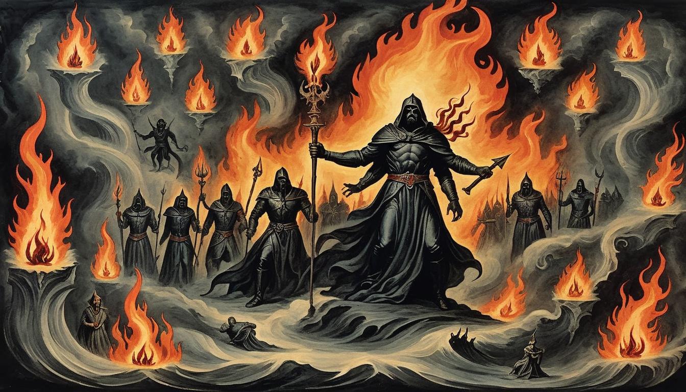  on parchment, surrealism+++, flames encircling dark figures, divine judgment, fiery wrath, relentless, consuming force(mysterious, provocative, symbolic,muted color)+++