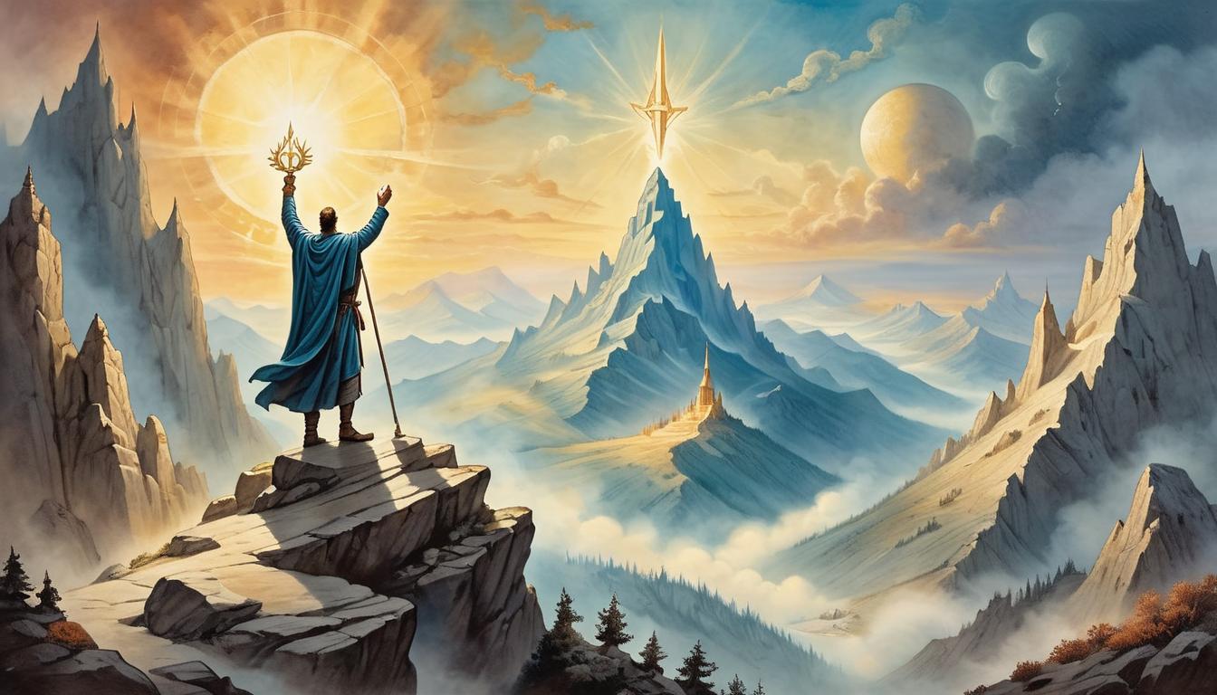  on parchment, surrealism+++, triumphant figure standing on a mountain peak, radiant aura, arms raised in victory, sunrise in the background, unshakable faith(mysterious, provocative, symbolic,muted color)+++