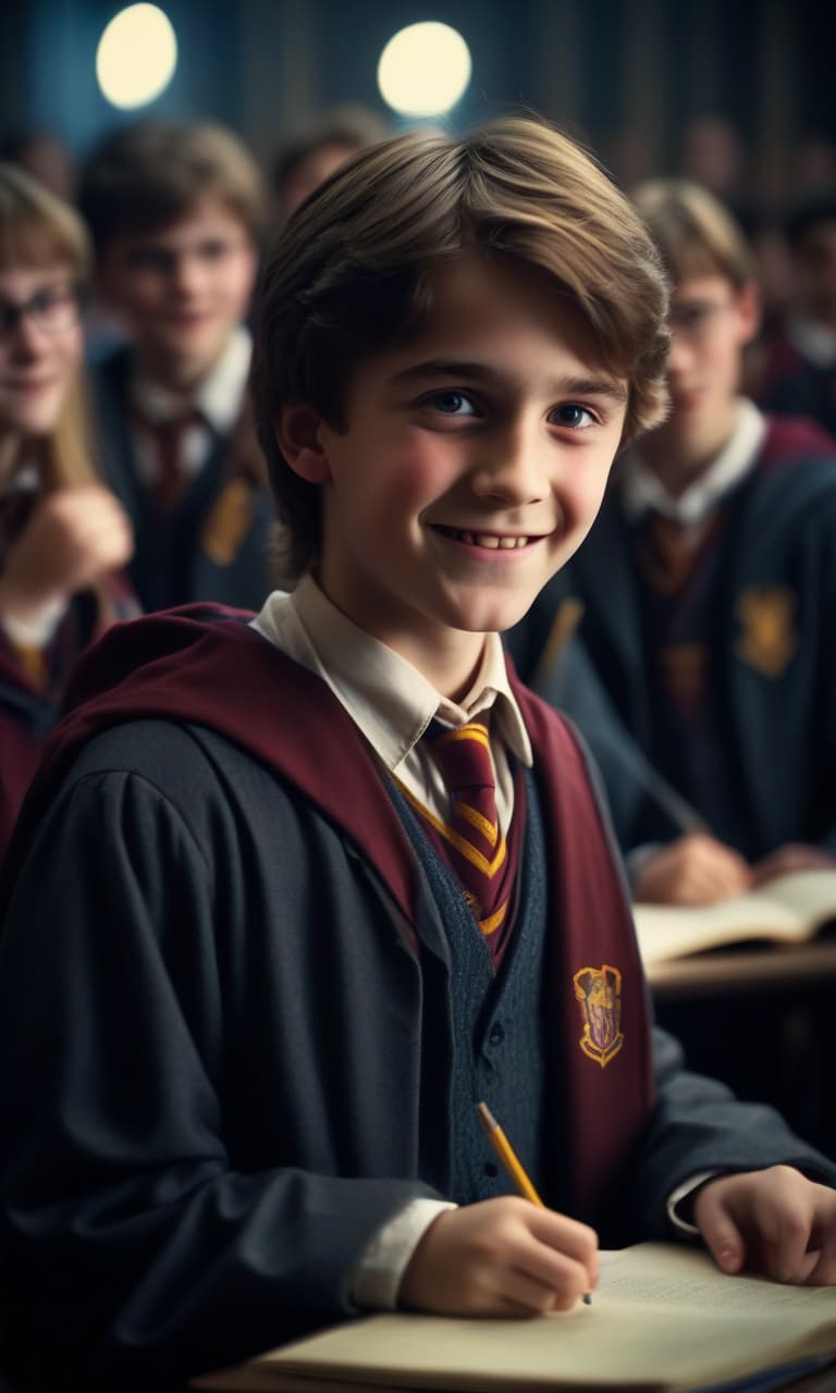  cinematic film still joyful student from hogwarts . shallow depth of field, vignette, highly detailed, high budget, bokeh, cinemascope, moody, epic, gorgeous, film grain, grainy