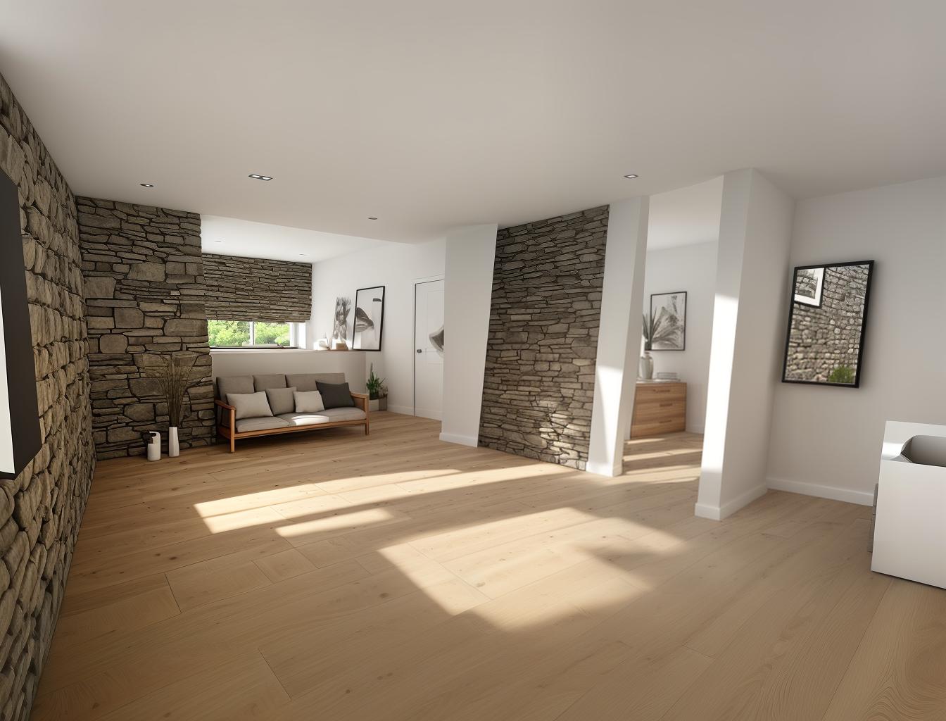  produce a photorealistic rendering of a modern interior with a stone wall as a focal point, complemented by wooden flooring and large windows. add a sleek, modern sofa and minimalist furniture that reflects a contemporary style, creating a space that feels both rustic and sophisticated.