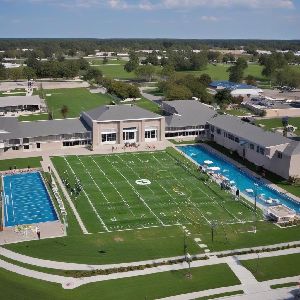  high school exterior aerial layout that’s cozy with inspiration for creativity. sports on roof, pool in the back, beautiful curb appeal , mystical style