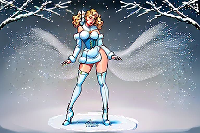  "create a painting in the pin up style featuring a young woman with a cute face and makeup. she has light hair styled with large white bows on the sides, from which curly hair flows down. the woman is dressed in a short blue fur coat with a fluffy white fur collar, which accentuates her figure. her arms are extended along her body to mid thigh, with her wrists flared out to the sides. she wears nylon stockings and long white leather high heeled boots, standing as if on her toes. the scene depicts her standing straight in the snow, appearing to shiver from the cold, surrounded by snow and snowdrifts. to her right, there is a fluffy green christmas tree adorned with colorful ornaments and twinkling lights. the snow sparkles and glistens under