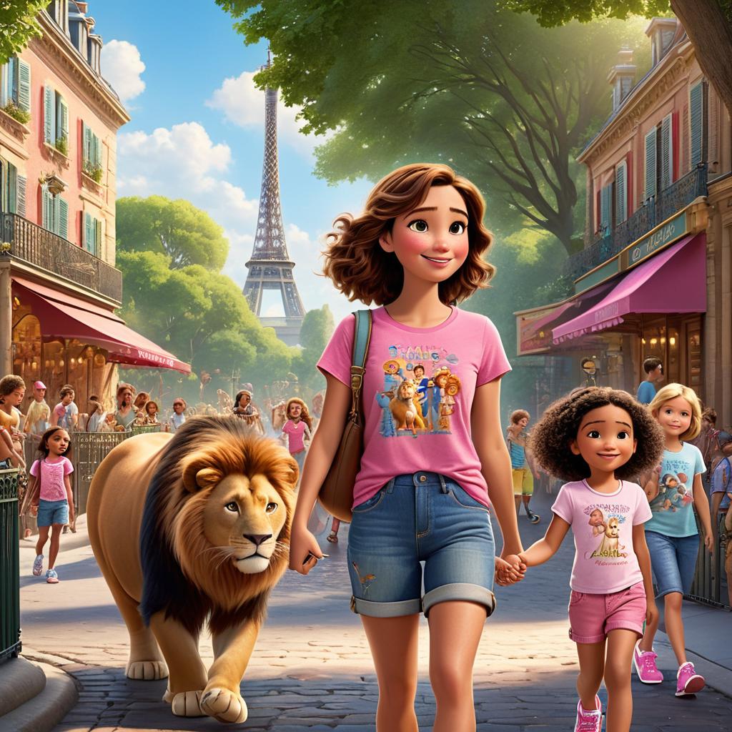  in 3d animated movie style. disney pixar style. paris, a , exudes curiosity and kindness, clad in a colorful t shirt, denim shorts, and pink sneakers, strolling hand in hand with her family. exiting the zoo, she reflects on the day's adventures, forming a bond with the zoo animals. high resolution pixar 3d animated film style with detailed rendering captures bright and soft tones, evoking warmth and friendship. the focus is on paris walking with her family, emphasizing the connection with animals, from a gentle and heartwarming perspective.