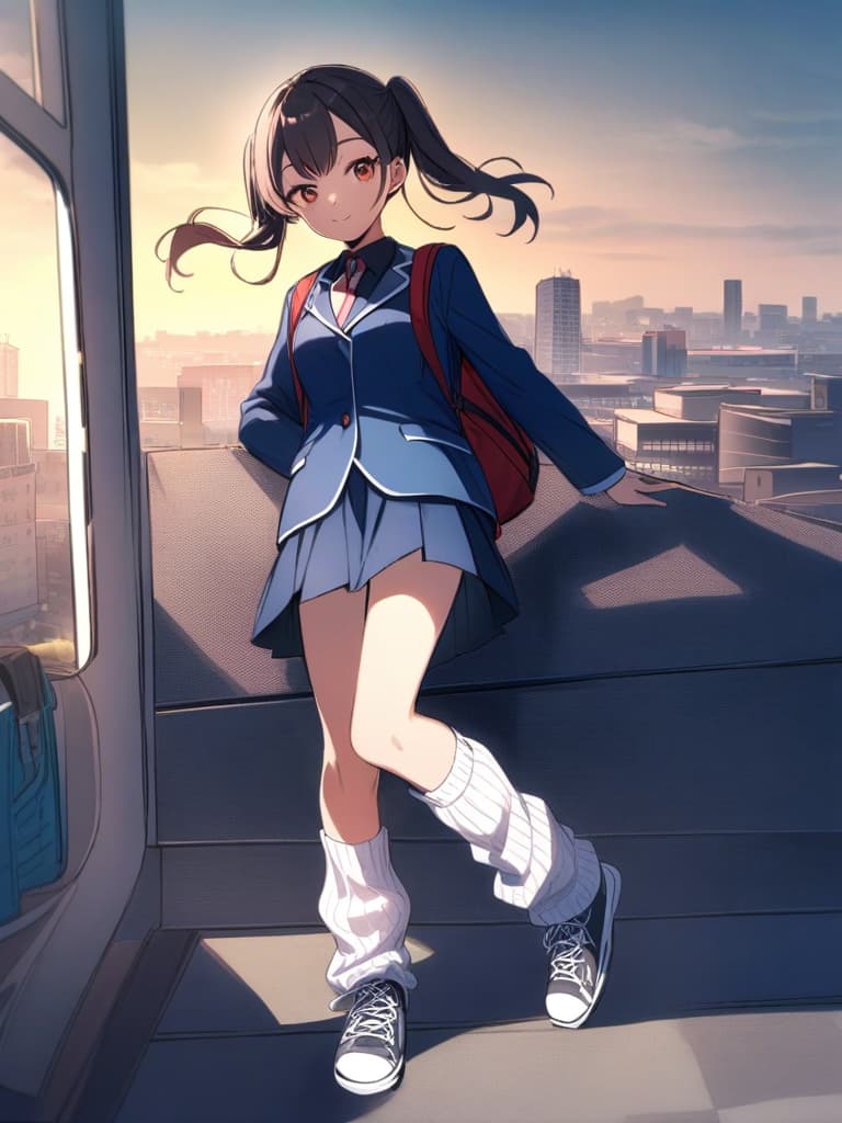  junior high s, blazer, mini s, twin tails, cute smiles, backpacks, ultra long loose socks, bottom sneakers, city landscape,