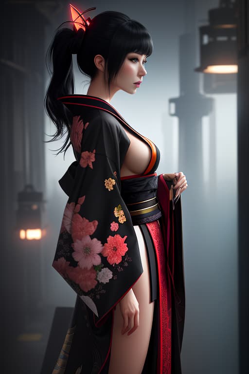  a girl with a large two handed catana, kimono, dark hair collected in a tall tail, cyber hands, cyberpank hyperrealistic, full body, detailed clothing, highly detailed, cinematic lighting, stunningly beautiful, intricate, sharp focus, f/1. 8, 85mm, (centered image composition), (professionally color graded), ((bright soft diffused light)), volumetric fog, trending on instagram, trending on tumblr, HDR 4K, 8K