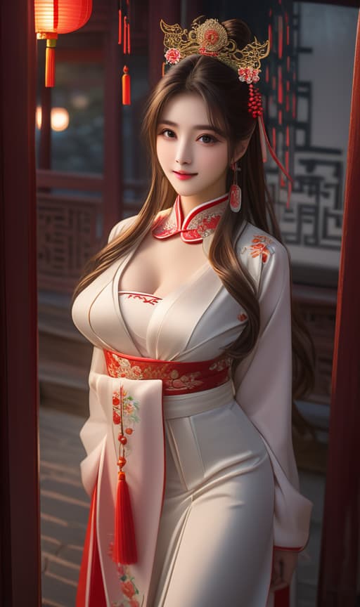  high definition portrait of a young woman with delicate features. she has large, expressive eyes, a soft smile, and long, wavy hair adorned with red floral accessories. she is wearing a traditional red and white hanfu with intricate embroidery. the background is a festive night scene filled with glowing red lanterns, which cast a warm, ambient light that softly illuminates her face and creates a magical atmosphere. the setting is an ancient chinese street with traditional architecture, and the characters for 'happiness' and 'prosperity' are subtly integrated into the signage on the buildings. the portrait exudes a sense of elegance, cultural richness, and a celebratory mood, award winning, professional, highly detailed, masterpiece