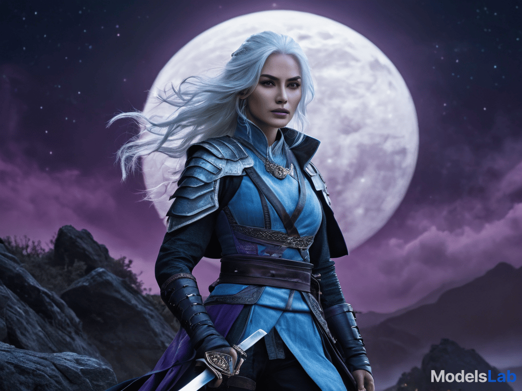  a realistic and cinematic depiction of a white haired woman with striking heterochromatic eyes—one blue and one purple—wielding a sharp katana. she is mid action, powerfully slashing through a glowing full moon in the dark sky, which is now in a broader, more expansive background. the moon is splitting dramatically in half, with glowing fragments scattering through the night. the background features a vast, starry sky with clouds faintly illuminated by the moonlight, and the landscape below, a distant silhouette of mountains and forests, adds depth to the scene. the moonlight highlights the woman's determined expression and flowing hair as the environment and celestial destruction are given greater emphasis. hyperrealistic, full body, detailed clothing, highly detailed, cinematic lighting, stunningly beautiful, intricate, sharp focus, f/1. 8, 85mm, (centered image composition), (professionally color graded), ((bright soft diffused light)), volumetric fog, trending on instagram, trending on tumblr, HDR 4K, 8K