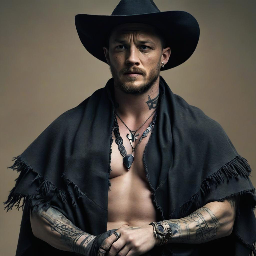  cowboy, tom hardy, tattoo, hat, poncho, gun