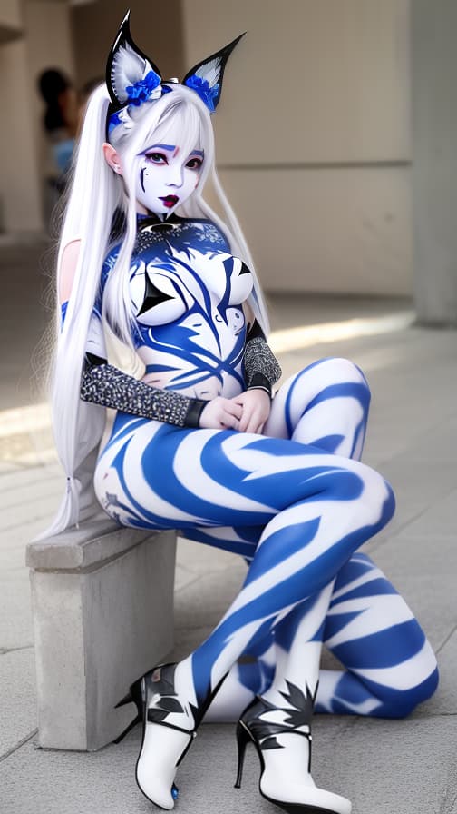  White and blue bat pattern body paint in every corner of the body, silver body paint all over the body, Grey face paint on the face, Two elfs, full body image 女性