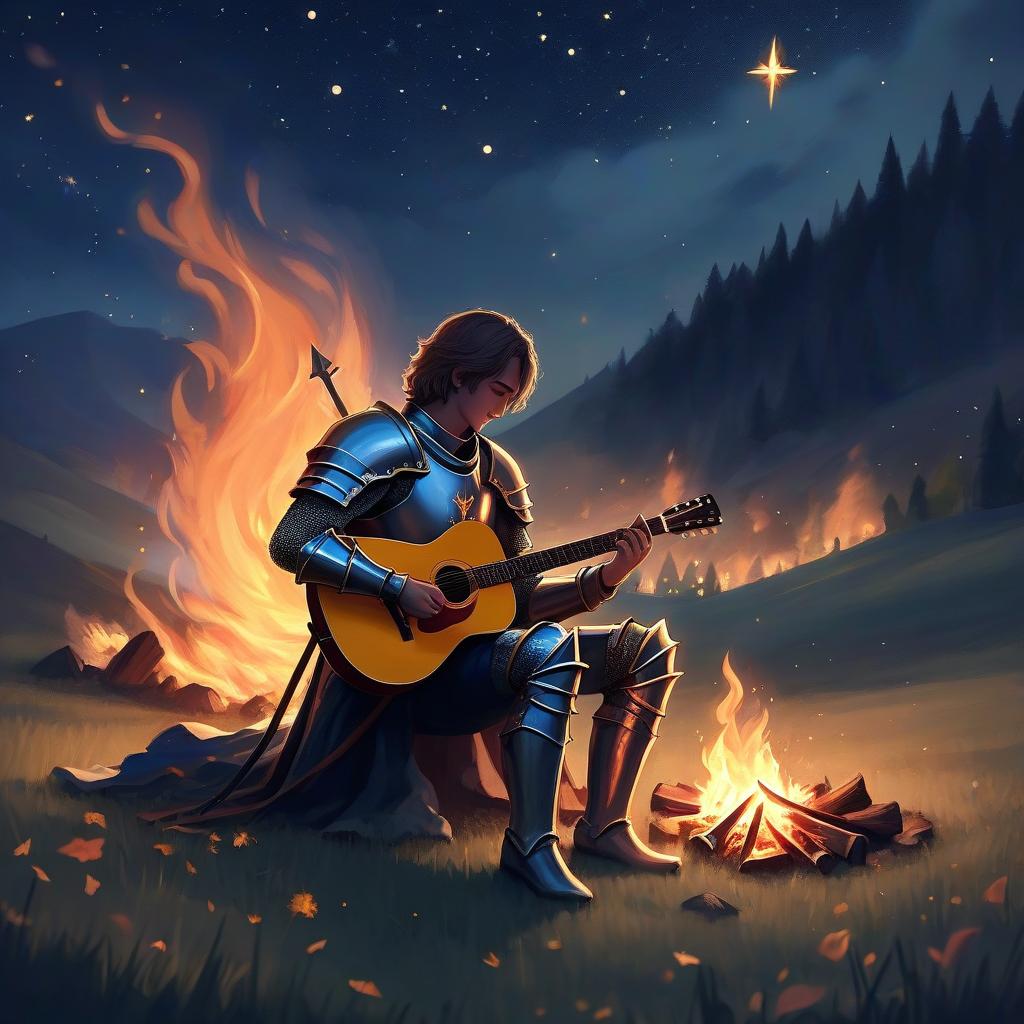  the night came down quietly. the fire smolders away knight sings with guitar a field without an edge a knight sits next to a fire. the echo between the hills fairy tales are born of light it's bright. night and stars