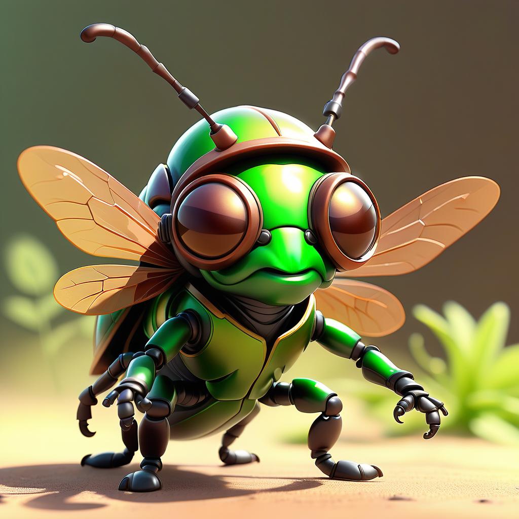  cute cartoon insect beetle character with a green body, big expressive eyes and a smile on his lips. on his head he has a huge brown helmet with goggles, giving him an adventurous look. the insect beetle stands confidently holding a blaster, he has graceful wings and long tendrils. the background is simple and bright inside the starship to emphasize the charm of the funny character with the weapon.