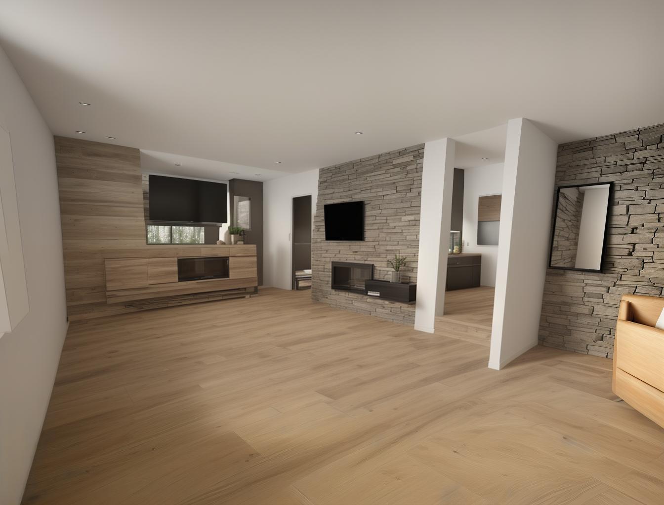  generate a photorealistic rendering of a modern living room with a combination of wooden floors and a stone accent wall. include sleek, contemporary furniture to contrast with the natural materials, creating a sophisticated yet comfortable atmosphere.