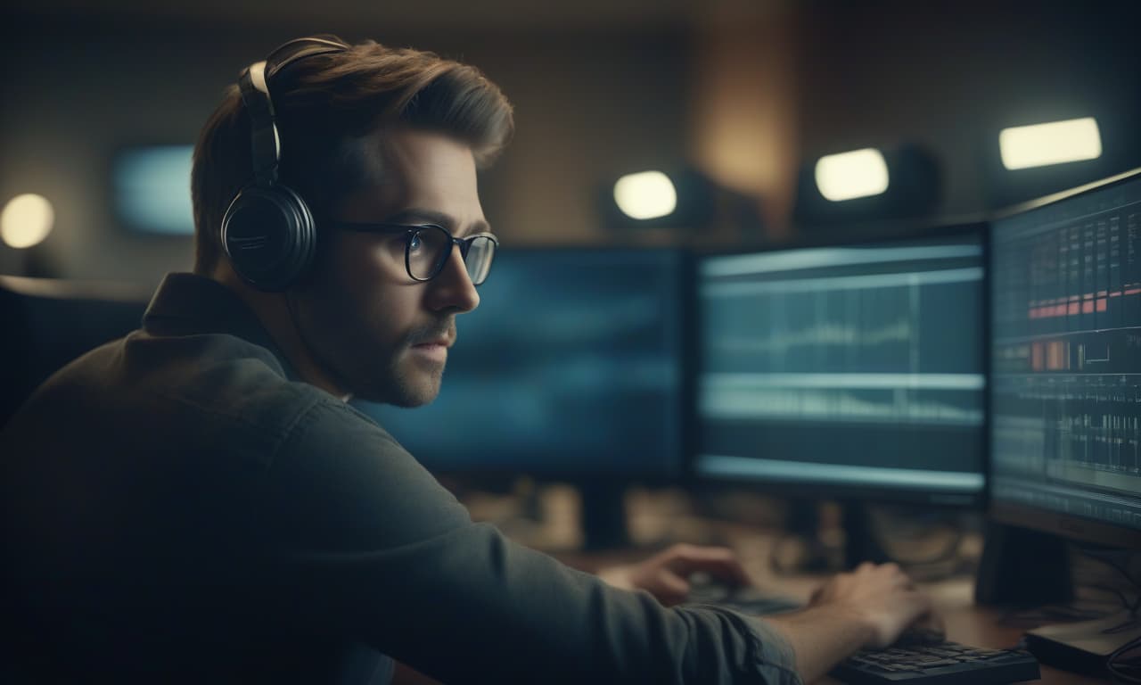  cinematic film still programmer, sits on the right side behind the monitor, close up, photorealism, cinema, company, business, . shallow depth of field, vignette, highly detailed, high budget, bokeh, cinemascope, moody, epic, gorgeous, film grain, grainy