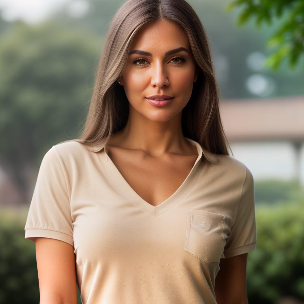  (((realistic full torso frontal head shot of a light beige to medium tan skin tone woman))), amelia nora möller, ((caucasian heritage)), immature face, brown eye color, ((straight hair style)), (( hair color)), (( body type)), small size, big size, (immature long narrow nose), (immature high cheekbones), (immature defined jawline), (immature broad forehead), (immature straight eyebrows), (immature pointed chin), standing straight looking directly into the camera,((wearing fitted polo shirt with deep v neck and monogrammed pocket)), backyard in background, 1, best quality, highest quality, award winning photo, masterpiece, raw, professional photography, photorealism, sharp focus, cinematic, high resolution hyperrealistic, full body, detailed clothing, highly detailed, cinematic lighting, stunningly beautiful, intricate, sharp focus, f/1. 8, 85mm, (centered image composition), (professionally color graded), ((bright soft diffused light)), volumetric fog, trending on instagram, trending on tumblr, HDR 4K, 8K