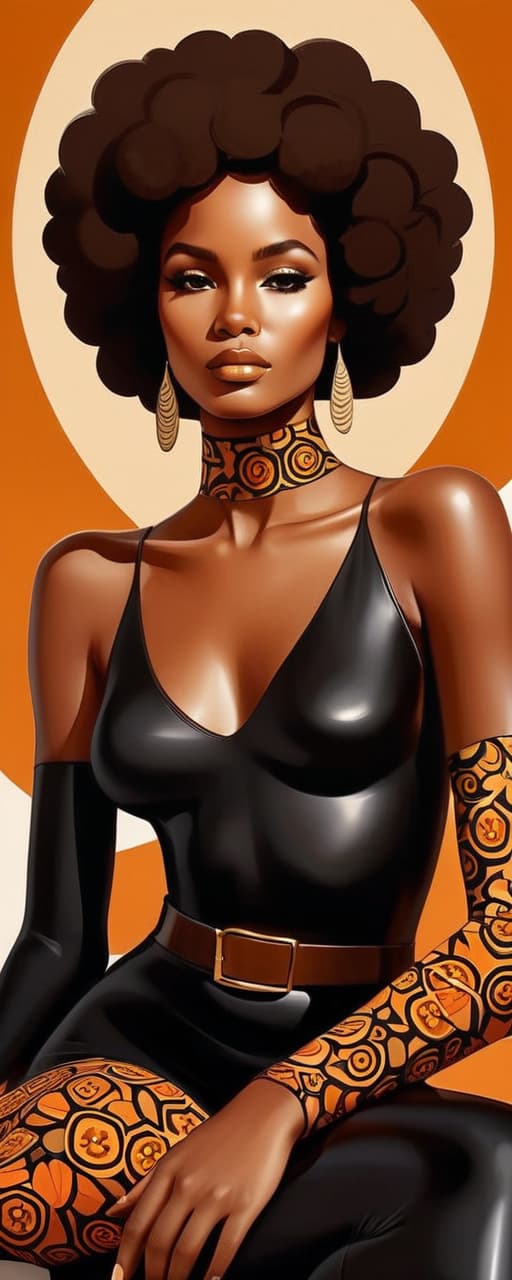  minimalism, a beautiful african woman with brown skin. with an afro. she wears a flowy black outfit. she is resting with a panther. a retro brown 70s flower design is in the background, abstract, simple geometic shapes, hard edges, sleek contours, minimalism