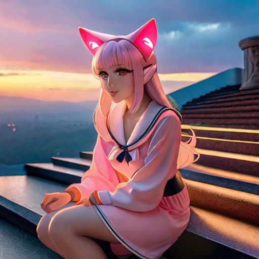  an image of a girl with thin light pink long hair with cat ears,in a fantasy light pink sailor outfit with short ,golden eyes,blushing,on stairs at dusk,showing black ,crouching. hyperrealistic, full body, detailed clothing, highly detailed, cinematic lighting, stunningly beautiful, intricate, sharp focus, f/1. 8, 85mm, (centered image composition), (professionally color graded), ((bright soft diffused light)), volumetric fog, trending on instagram, trending on tumblr, HDR 4K, 8K