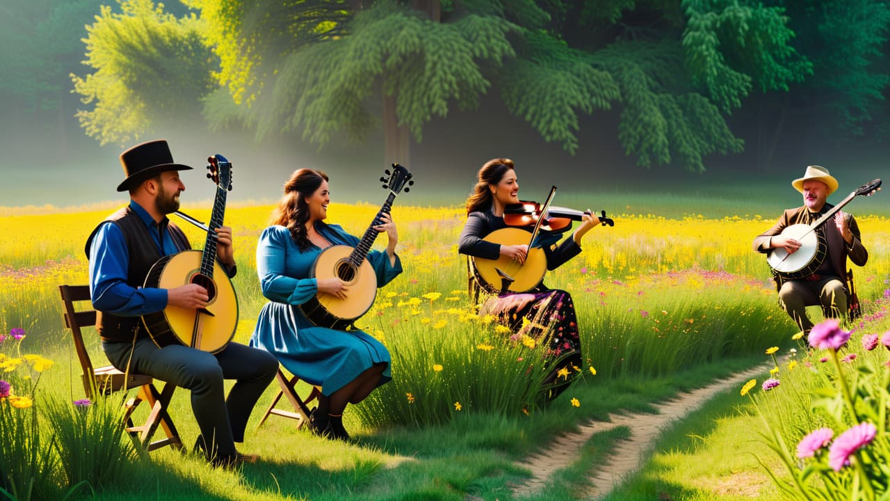  a rustic scene featuring a diverse group of musicians playing traditional instruments like banjos, fiddles, and accordions in a sunlit meadow, surrounded by vibrant wildflowers and an audience of various ages enjoying the lively performance. hyperrealistic, full body, detailed clothing, highly detailed, cinematic lighting, stunningly beautiful, intricate, sharp focus, f/1. 8, 85mm, (centered image composition), (professionally color graded), ((bright soft diffused light)), volumetric fog, trending on instagram, trending on tumblr, HDR 4K, 8K