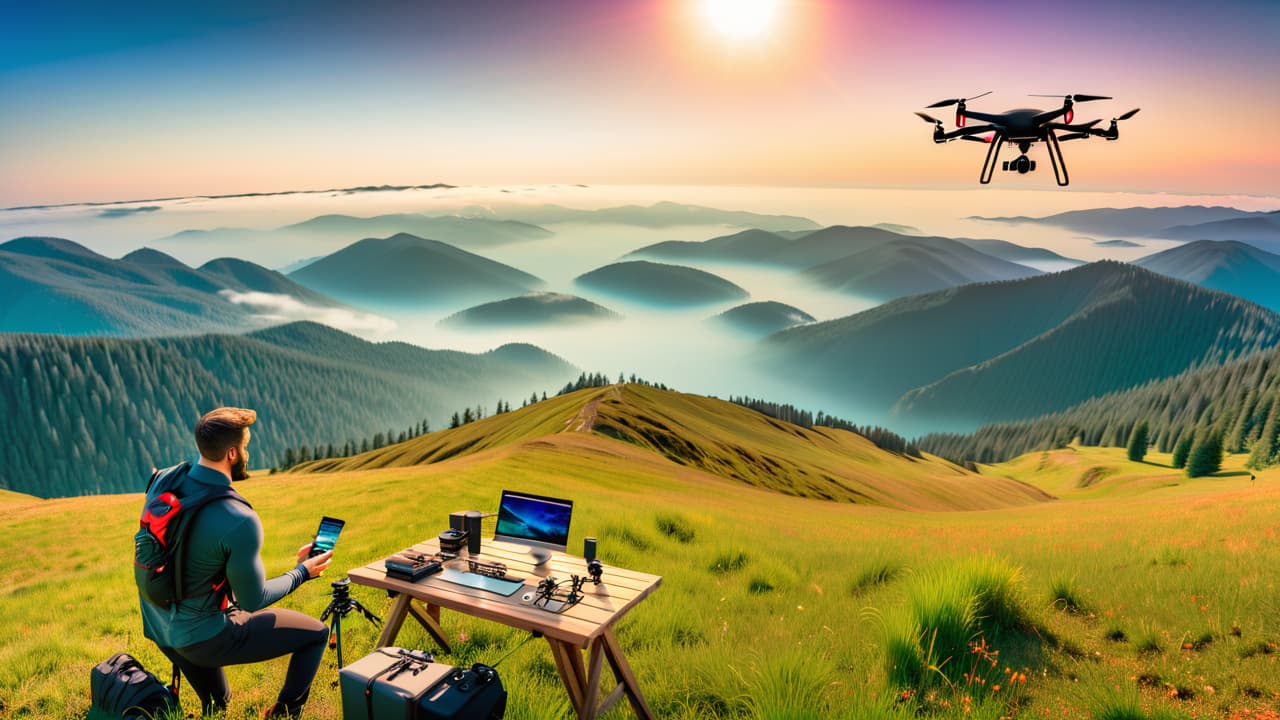  aerial view of a scenic landscape with a drone in the foreground, capturing vibrant colors of nature, while a photographer adjusts settings on a camera, surrounded by pricing charts and gear on a table. hyperrealistic, full body, detailed clothing, highly detailed, cinematic lighting, stunningly beautiful, intricate, sharp focus, f/1. 8, 85mm, (centered image composition), (professionally color graded), ((bright soft diffused light)), volumetric fog, trending on instagram, trending on tumblr, HDR 4K, 8K