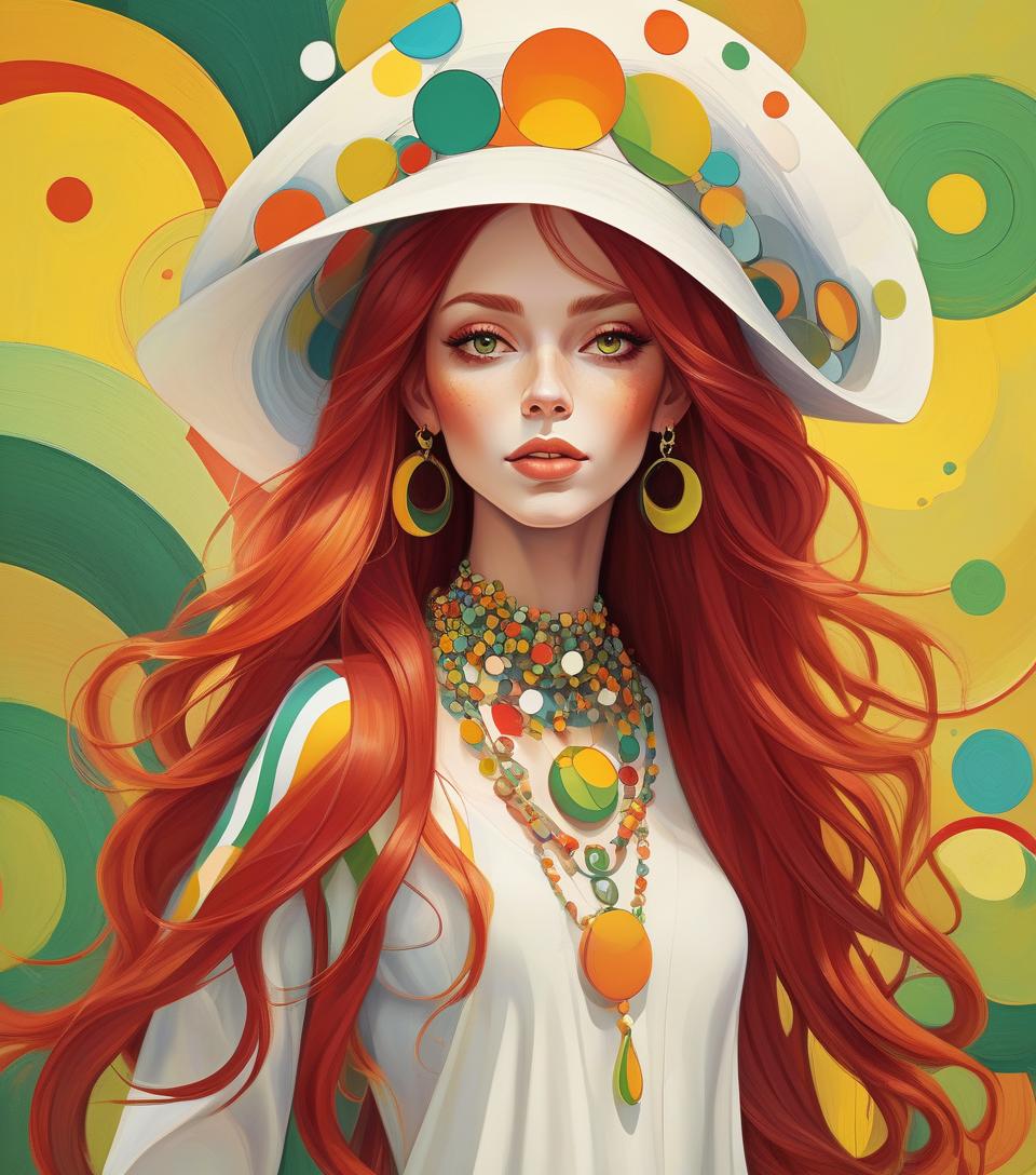  concept art oil painting, beautiful lady in abstract style, long red hair, white bizarre hat with colorful circles, multicolored necklaces, earrings, yellow striped green background abstract vector fractal, wave function, zentangle, 3d shading . digital artwork, illustrative, painterly, matte painting, highly detailed