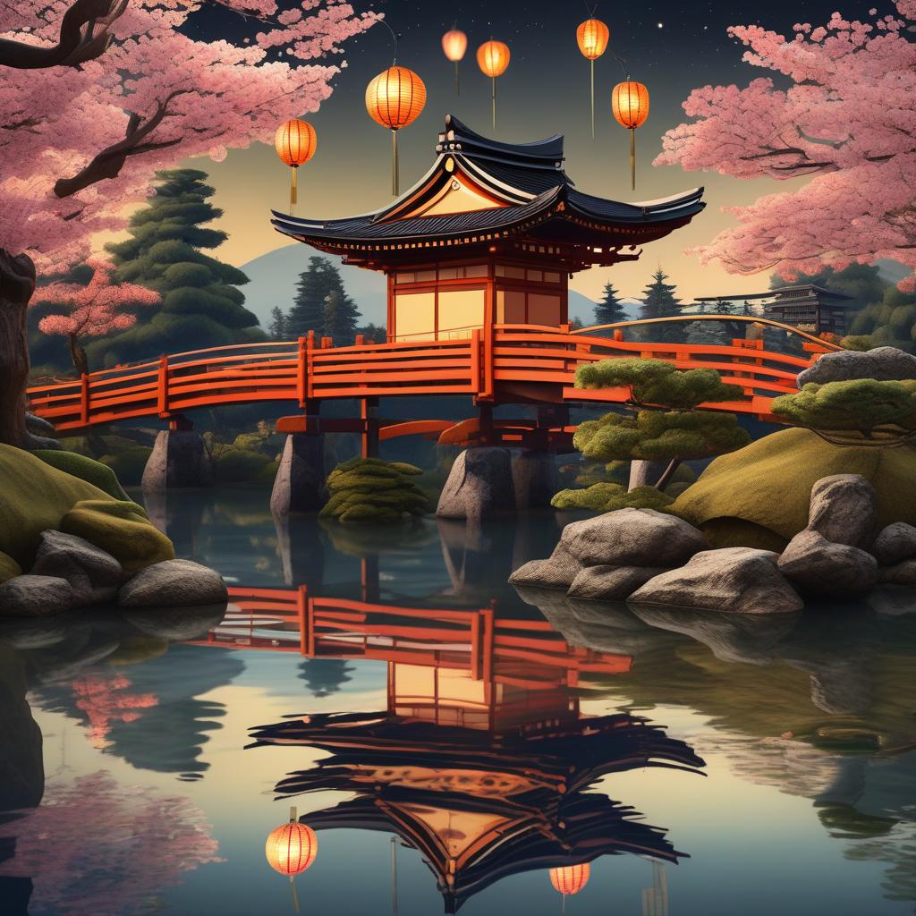  masterpiece, best quality, (Fidelity: 1.4), Best Quality, Masterpiece, Ultra High Resolution, 8k resolution, A night view inspired by Japanese art, featuring a garden illuminated by paper lanterns and a wooden bridge spanning a tranquil lake, by the lakeside, there is a small Zen temple. The water reflects the starry sky.