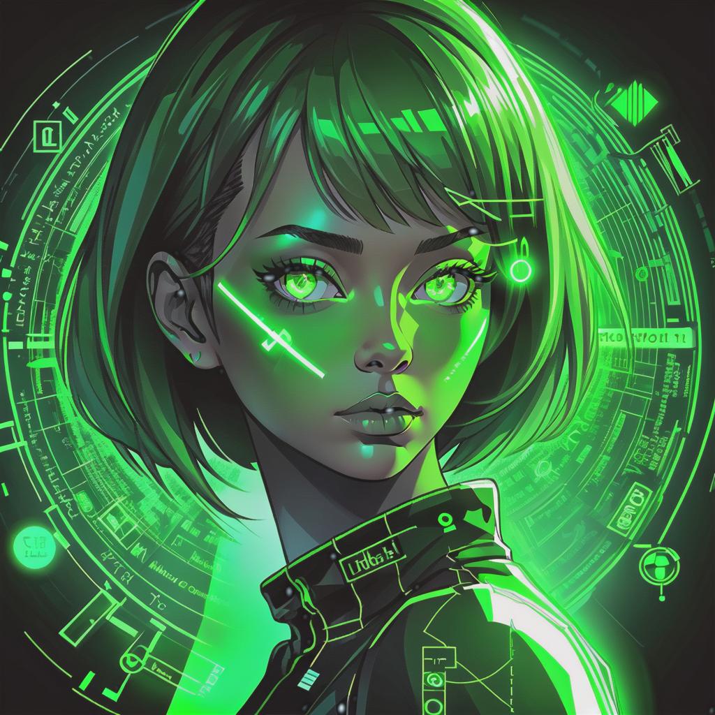  line art drawing close up of woman's face, glowing green holographic equations projected onto skin. intense gaze, realistic features. dark background, cyberpunk aesthetic. luminous mathematical formulas, handwritten style. futuristic, high tech atmosphere. photorealistic rendering, dramatic lighting, sharp contrast, same nightmare. anime style . professional, sleek, modern, minimalist, graphic, line art, vector graphics