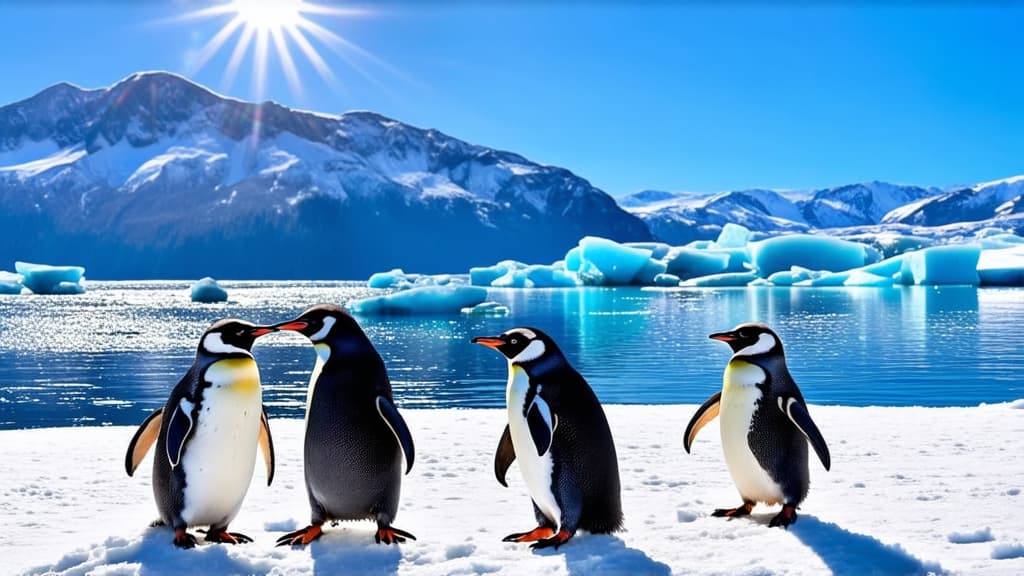  professional detailed photography, a group of penguins frolicking on the snow covered ground against the backdrop of majestic blue mountains, tranquil waters dotted with floating icebergs, and the radiant sun shining brightly ar 16:9, (muted colors, dim colors, soothing tones), (vsco:0.3)