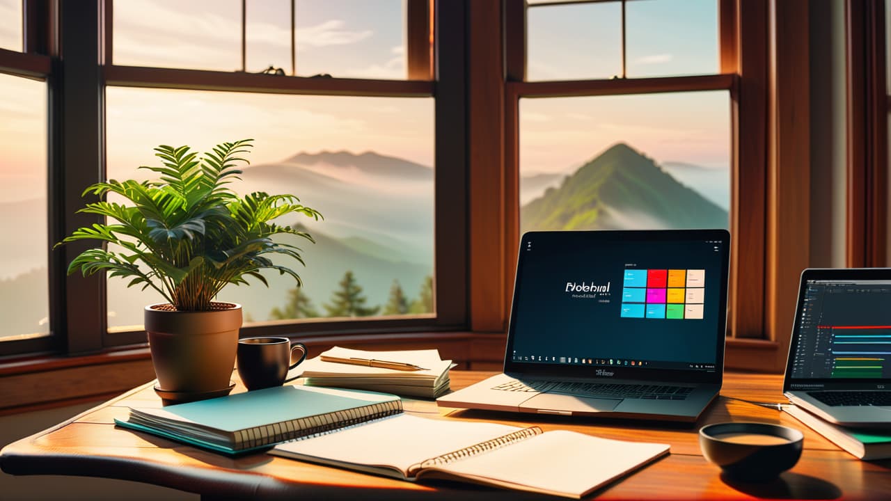  a serene desk setup featuring a laptop displaying stock charts, a notepad with handwritten notes, a steaming cup of coffee, and a potted plant, illuminated by soft natural light streaming through a window. hyperrealistic, full body, detailed clothing, highly detailed, cinematic lighting, stunningly beautiful, intricate, sharp focus, f/1. 8, 85mm, (centered image composition), (professionally color graded), ((bright soft diffused light)), volumetric fog, trending on instagram, trending on tumblr, HDR 4K, 8K