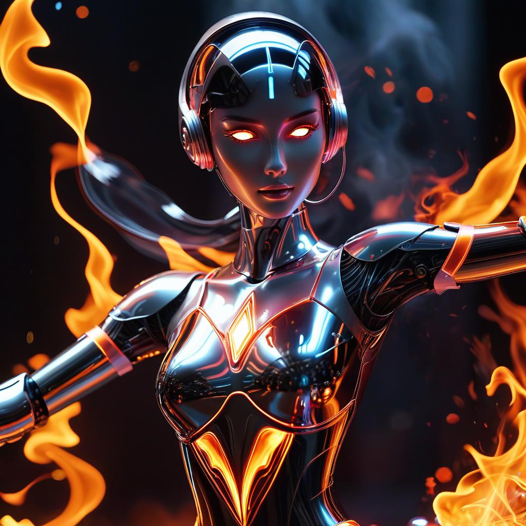  a ballerina robot dances in a flame of liquid glass., glowneon, hkmagic