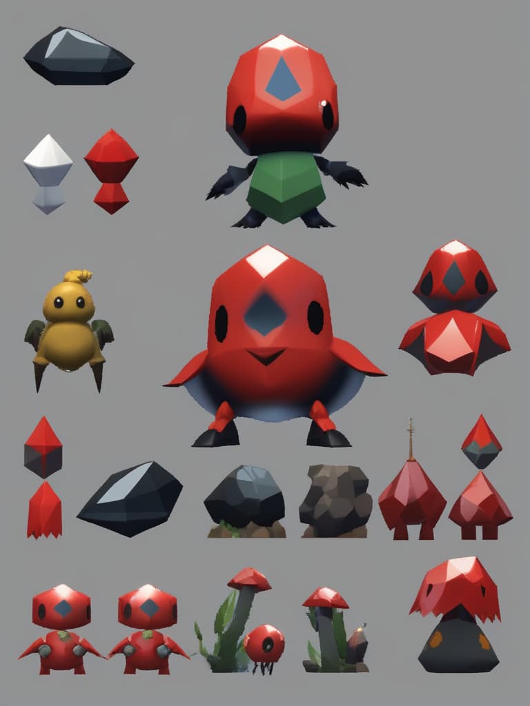  masterpiece,rock pikmin,polyhedral in shape like a crystal,glossy obsidian in color,two leaves on top of the head,two small round eyes,no mouth,small limbs,game character from the nintendo game,pikmin 4,