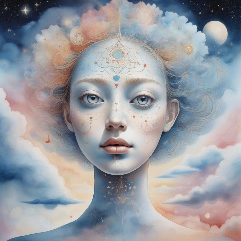  hyperrealistic art a surreal digital artwork featuring a serene female face with intricate, cosmic embellishments merging with celestial clouds. soft {watercolor, smooth and realistic portrait, intricate, high definition, realistic, japanese watercolor and ink, paul klee, georgia o'keefe} . extremely high resolution details, photographic, realism pushed to extreme, fine texture, incredibly lifelike