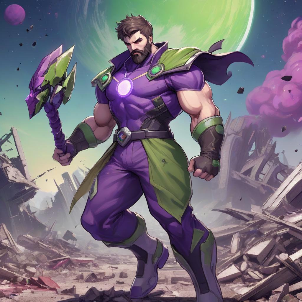  fighting game style the fallen defender of the universe is a man with a beard and short hair. his left eye is purple, with a horn above it, and his right eye is green. he stands against the backdrop of a destroyed planet. . dynamic, vibrant, action packed, detailed character design, reminiscent of fighting video games, hkmagic