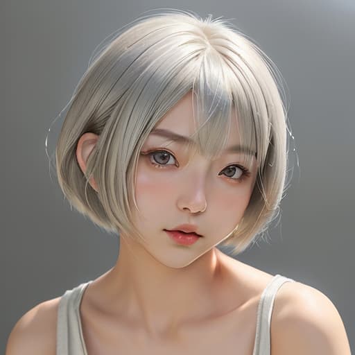  cute japanese girl face, cute short hair, light blonde and silver bob cut hairstyle, black sleeveless top, delicate makeup, cool style, natural lighting, photo realistic in the style of realistic.