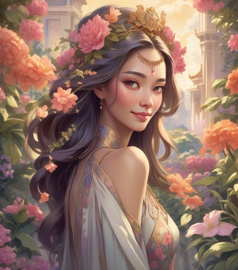  concept art oriental woman sporting a subtle smile amidst an opulent flower garden, imperial hues enveloping the art nouveau inspired floral backdrop, crowned regally, radiant backlighting highlighting her flowing hair, radiant, mythical allure transcending existence, watercolor aesthetic, greg rutkowski's touch, trending on artstation, razor sharp focus, studio setting, elaborate intricacies, volumetric . digital artwork, illustrative, painterly, matte painting, highly detailed