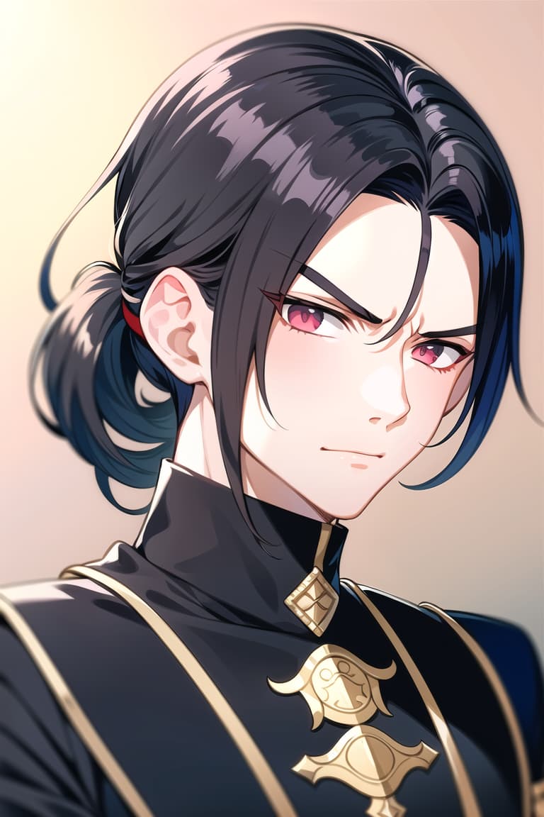  master piece , best quality,image/the character "felix" from the game fire emblem three houses.he is man. his hairstyle is a short black ponytail. he has red, slanted eyes. he has a furrowed brow, which makes him look a bit intimidating. he has his hair tied up high. he has wrinkles under his eyes.